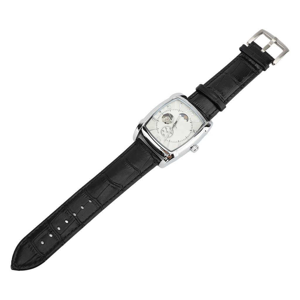 Skeleton Automatic Mechanical Wrist Watch for Men Moon Phase Self Winding Water Resistant PU Leather Strap Luxury