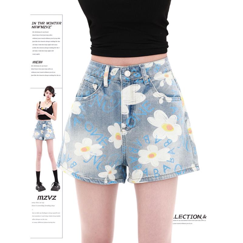 

Women s High Waist Daisy Denim Shorts - Summer A-Line Wide-Leg Hot Pants 3XL