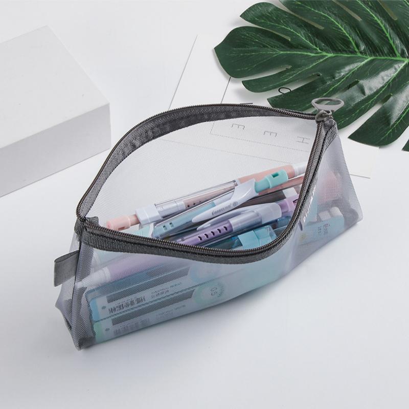 1PC Makeup Bags Case White Gray Black Large Capacity Mash Transparent Cosmetic Brush Bags Students Long Style Nylon Pencil Case