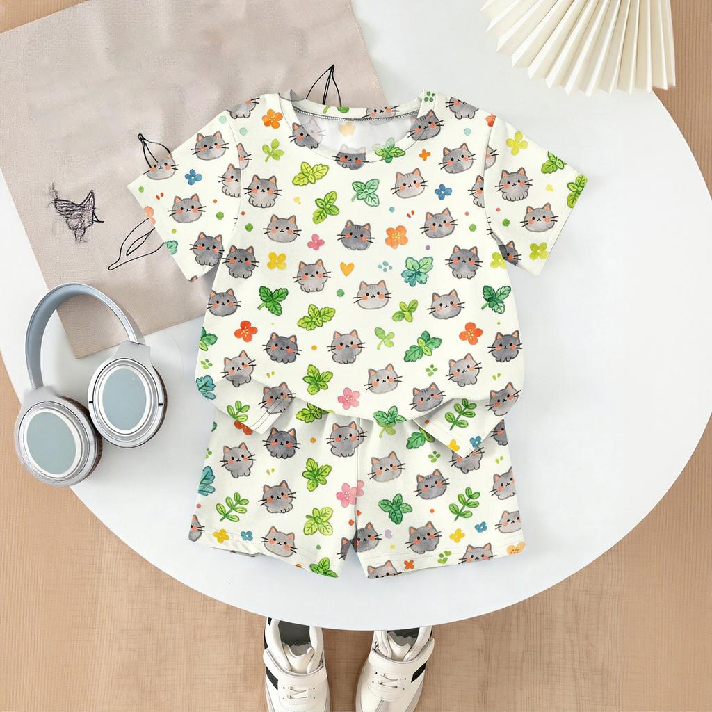 Kids Casual Short Sleeve T Shirt and Shorts Set Animal Print Lightweight Summer Outfit for Boys and Girls Soft Fabric Comfortable Fit