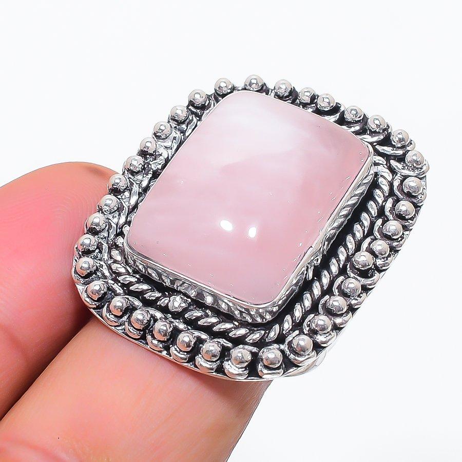 Natural Rose Quartz Gemstone 925 Sterling Silver Jewelry Ring Size 8 D9O33