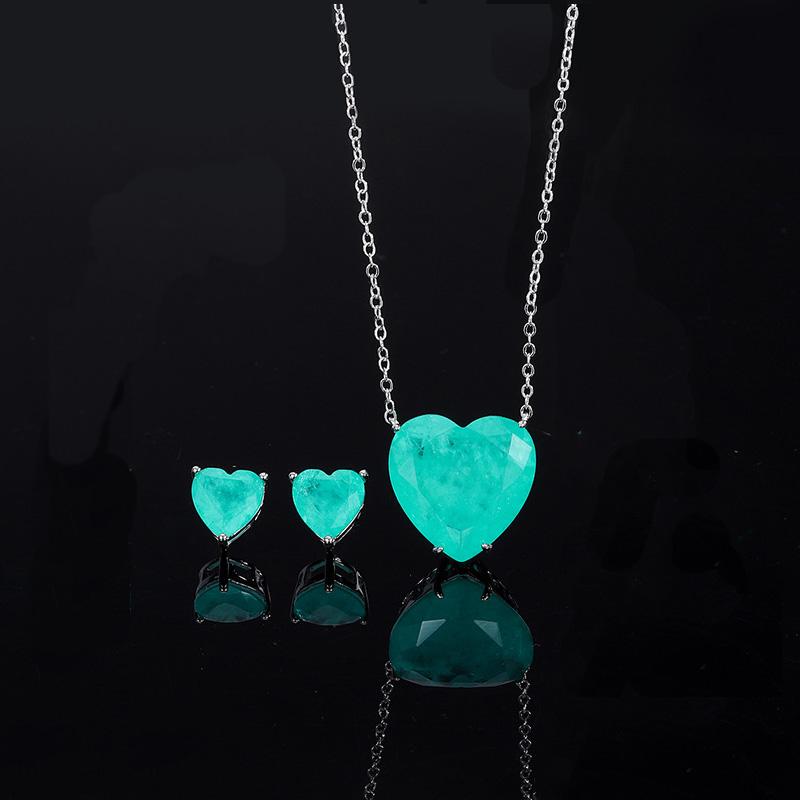 Set di gioielli in Argento Sterling 925 con Smeraldo Paraiba Cuore Semplice Collana Orecchini per Donne Ragazze Vintage Tormalina Pietra Preziosa Parte