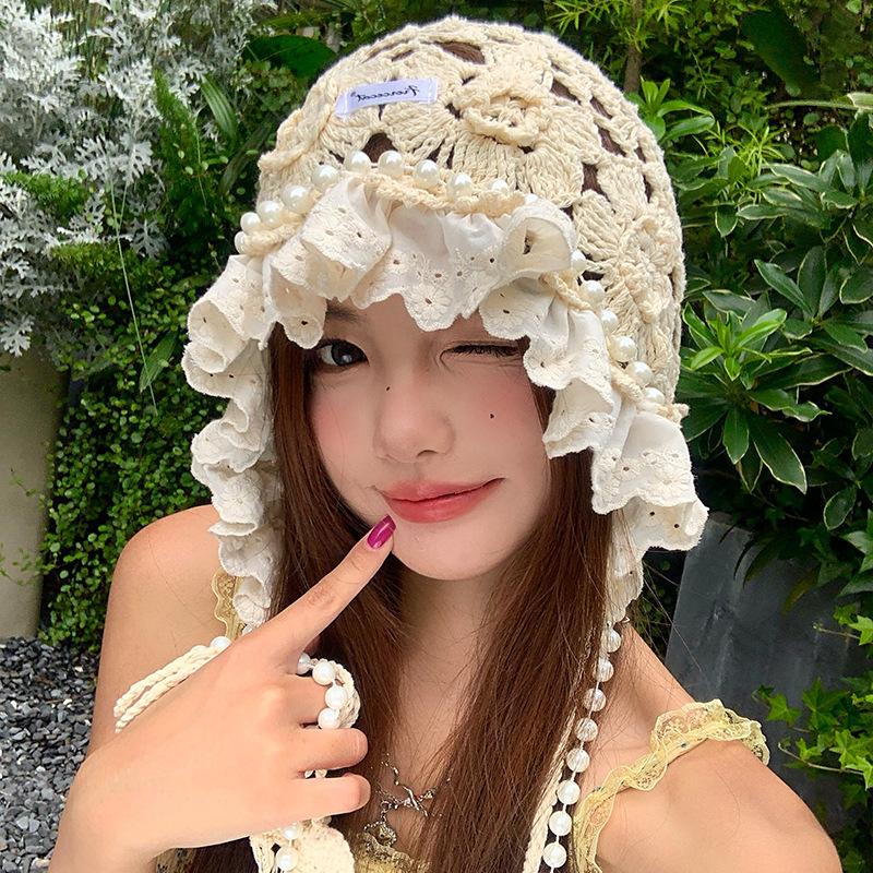 Pearl Tassel Handmade Knitted Headgear Female Summer And Autumn Hollow Sweet Travel Photo Versatile Face Small Headgear