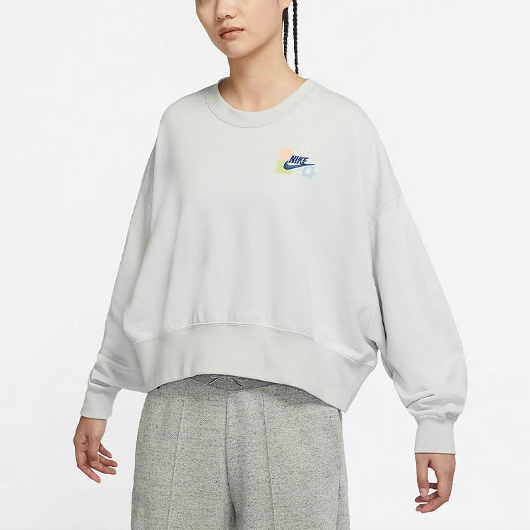 Nike Sportswear French Terry Logo Embroidered Oversized Crew Neck Sweatshirt Women Tops Grey DR7837-025