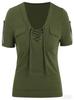 Women S Casual Short Sleeve V Neck Lace Up Solid Color T Shirt