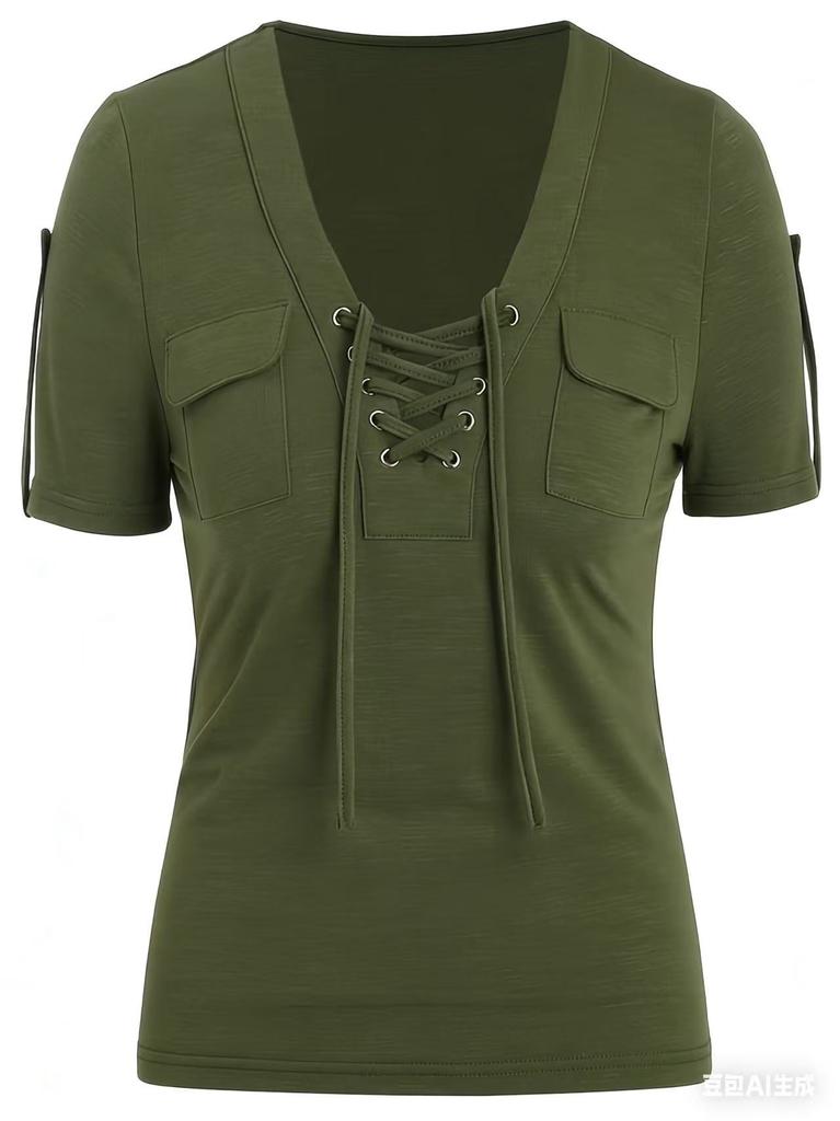 Women S Casual Short Sleeve V Neck Lace Up Solid Color T Shirt