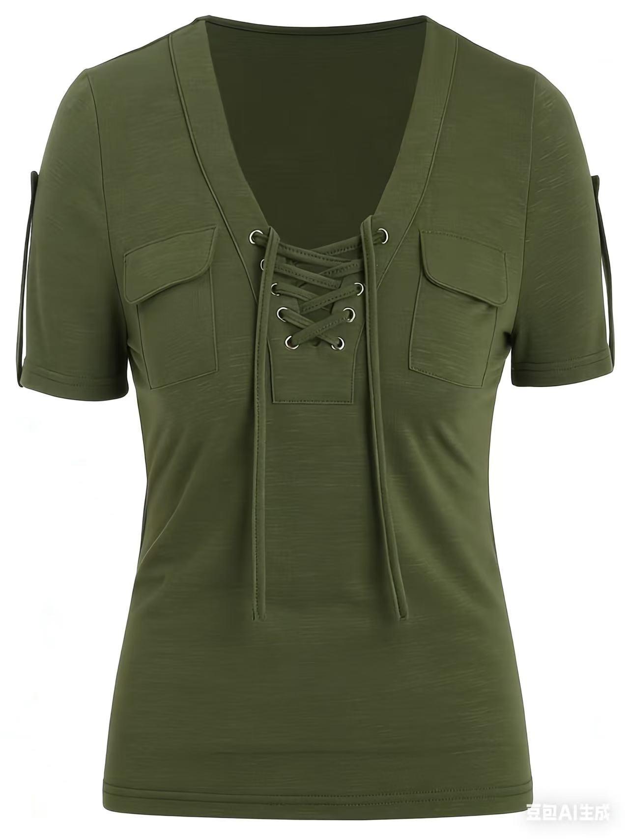 Women S Casual Short Sleeve V Neck Lace Up Solid Color T Shirt S