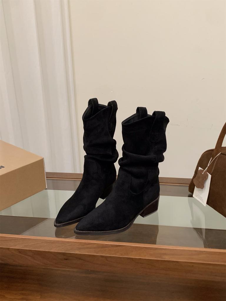 High Heel Pointed Suede Martin Boots Pile Medium Tube Knight Boots Women's Boots 2025 Spring and Autumn V-mouth Skinny Short Boots