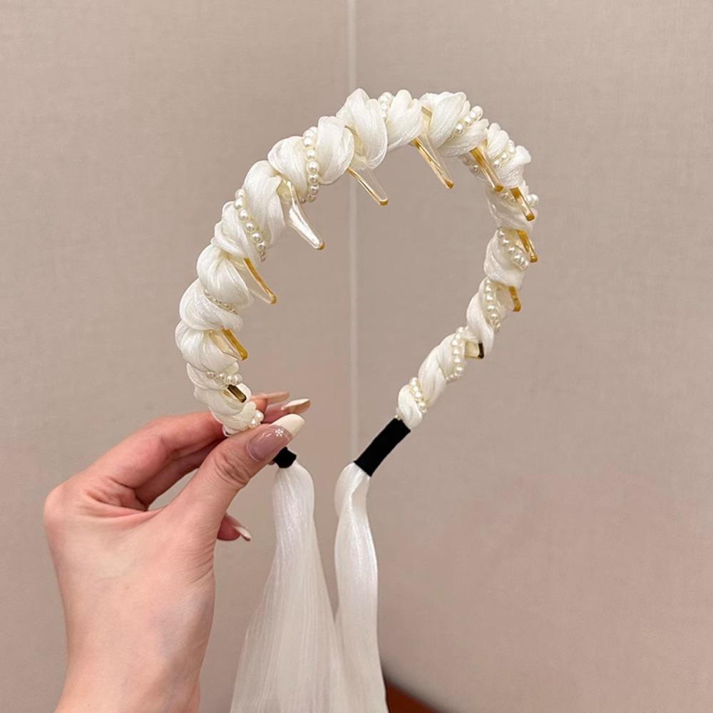 U Shape Satin Fabric Hair Bands Adjustable High Top Headpiece Non Slip Pearl Hair Band Tooth Comb Fabric Ribbon Hair Hoop