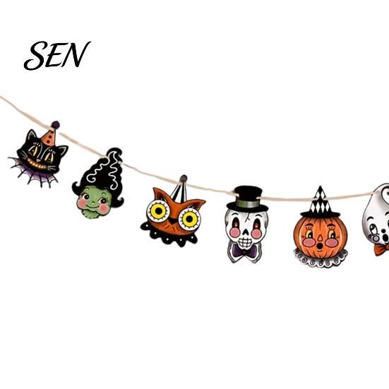 Halloween Party Decorations 8Pcs Bunting Banner, Pumpkin Ghost Bat Witch Cartoon Hanging Garland, Indoor Seasonal Supplies Retro Wooden Wall Flag for