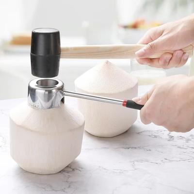 Stainless Steel Coconut Opener Tools Rubber Hammer Multi-functional Coconut Breaker Kit Wooden Handle Heavy Duty
