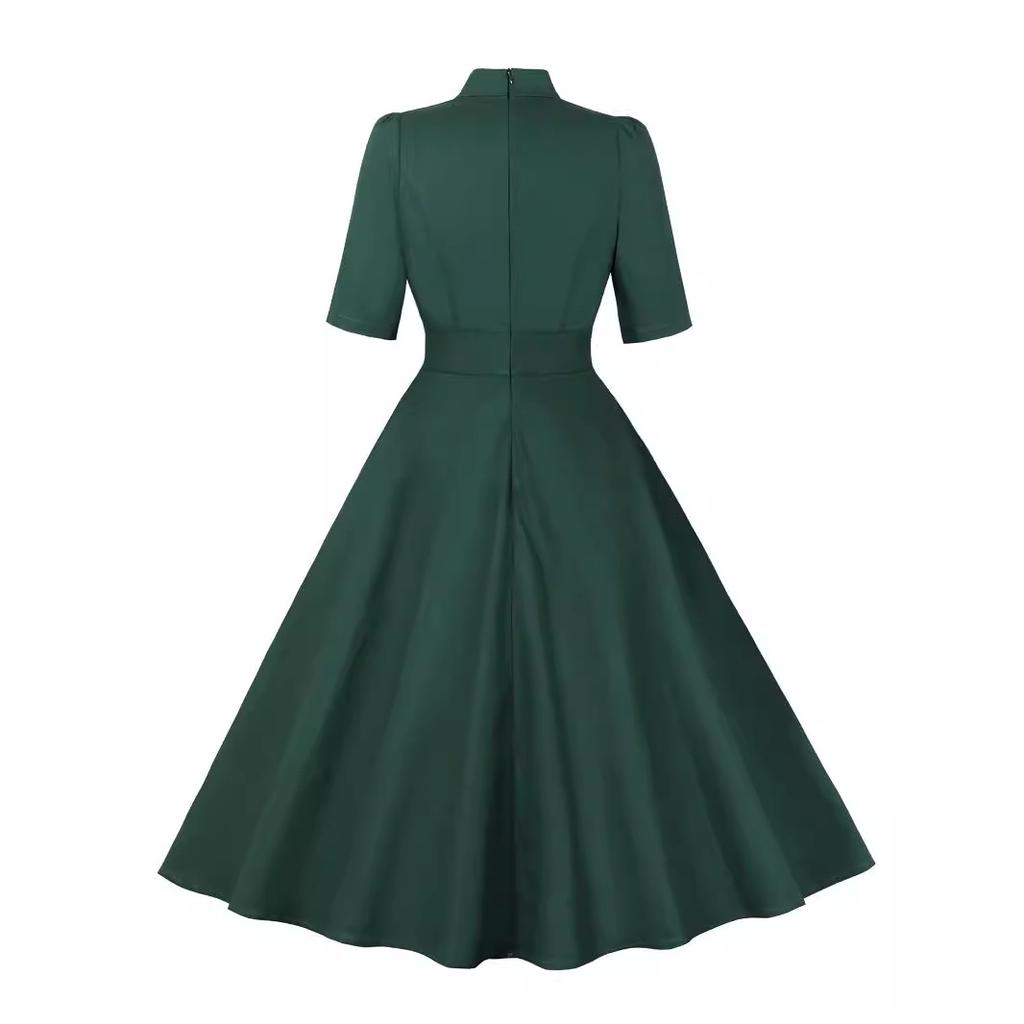 GMXIA Elegantní jednobarevné vintage společenské šaty s mašlí ke krku a středním rukávem