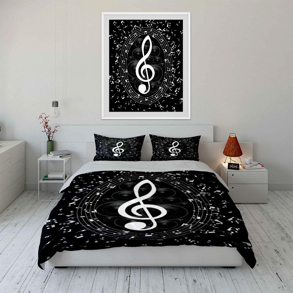 Treble Clef Speaker Floating Music Note Duvet Cover Set Black Music Art Bedding Includes 1 Duvet Cover And 2 Pillowcase Gift