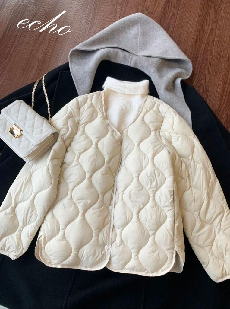 Autumn and winter new wavy quilted cotton clothes women's short stand-up collar light and warm beige liner jacket