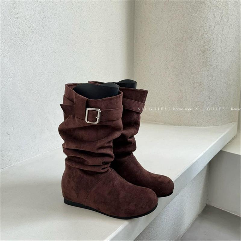 

ALIGUIFEI Super Retreat~ Lazy Casual Pile Boots Suede Round Head Folded Skinny Boots Medium Boots Women 39