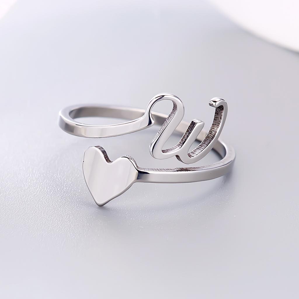 Silver Color 26 Letter Love Heart Rings Stainless Steel Open Ring for Women Men Couple Initial Name Finger Jewelry Gifts
