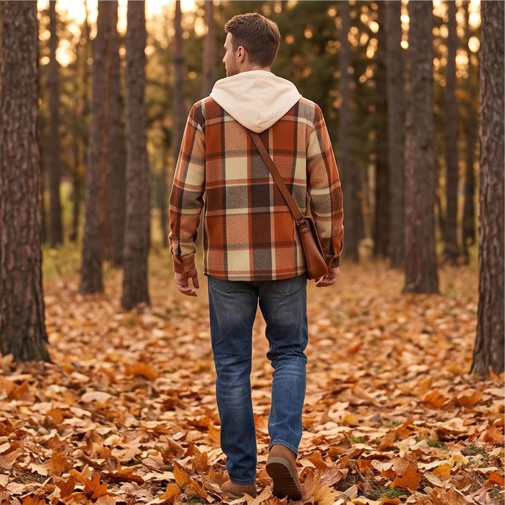 Men's Hooded Plaid Shirt Casual Loose Fit Jacket for Fall and Winter