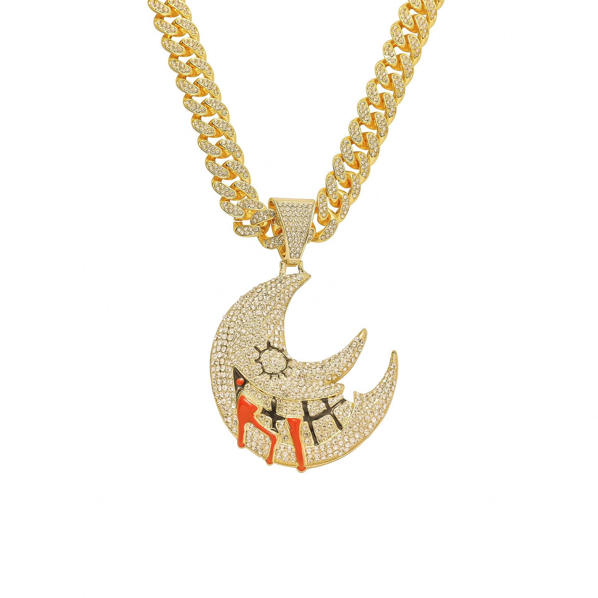 Exaggerated Diamond Moon Pendant Hip Hop Necklace for Men