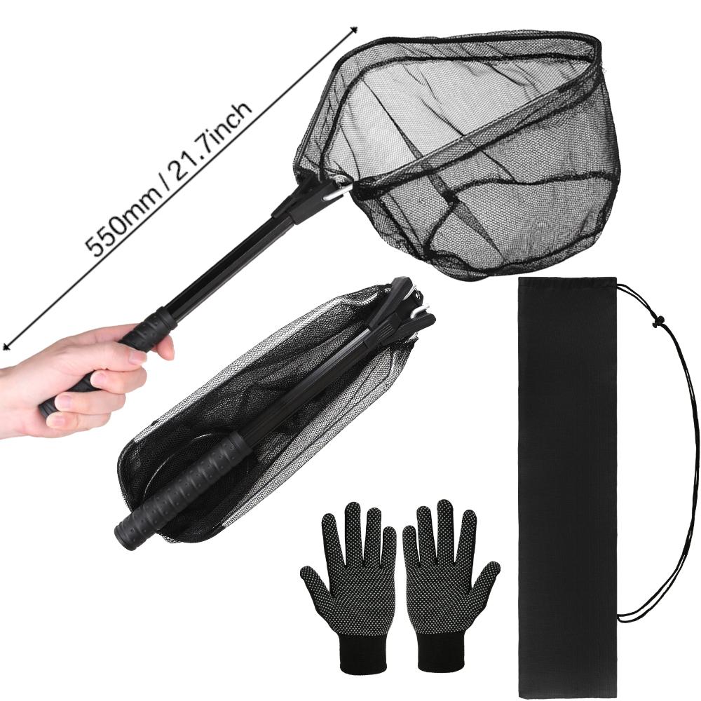 Folding Fishing Net With Non-Slip Gloves Storage Bag Telescoping Pole Handle Extend Landing Net Coated Nylon Mesh for Men Women