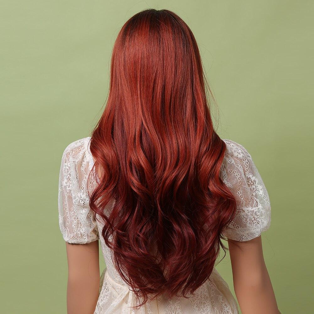 Ombre Black Red Long Wavy Heat Resistant Synthetic Hair Wigs for Women