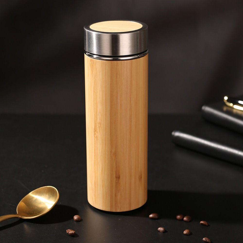 401-500ml Stainless Steel and Bamboo Travel Mug Portable Handle Office Cup Vacuum Coffee Cup