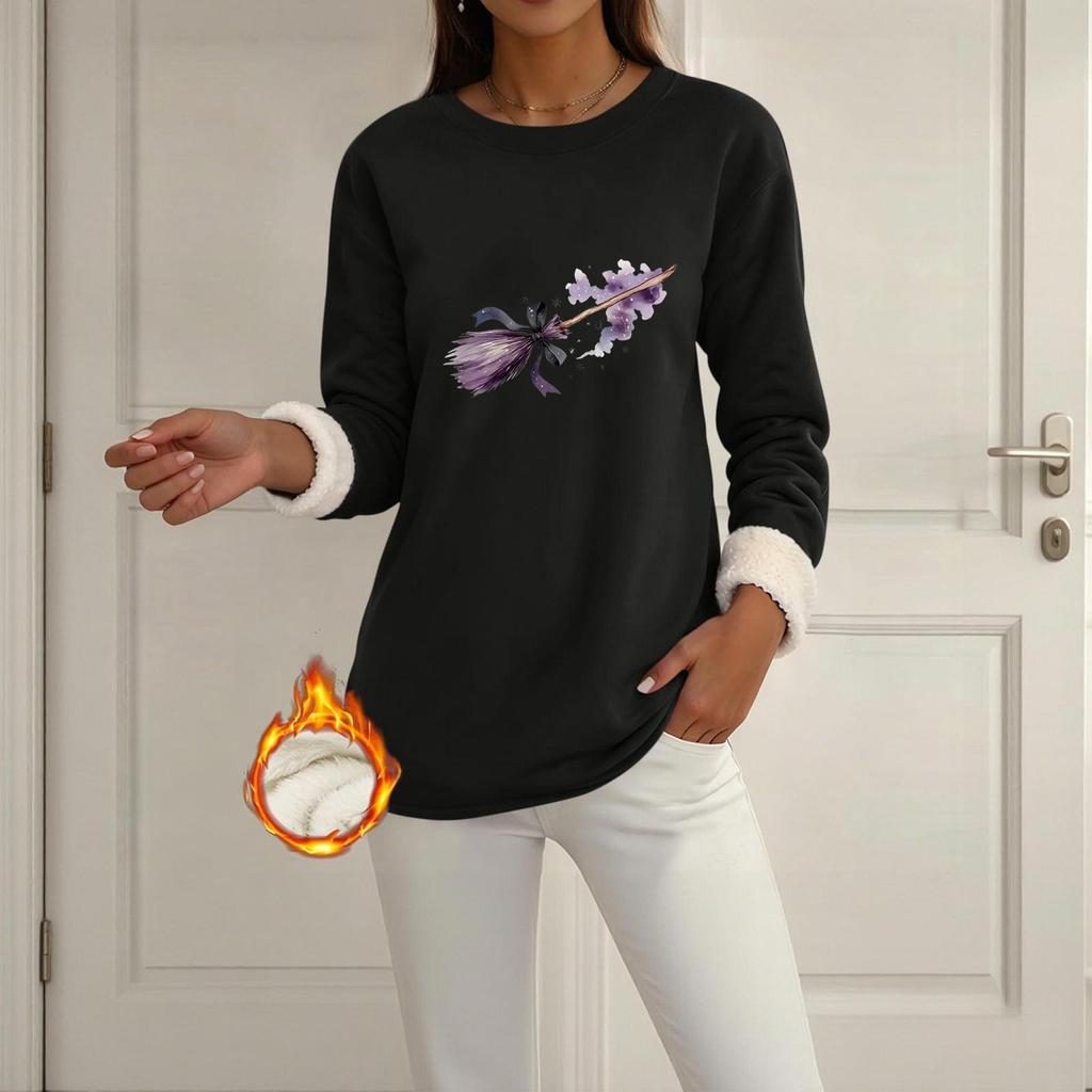 Women's Lined Long Sleeve Round Neck Halloween Print Tops for Winter Casual Wear