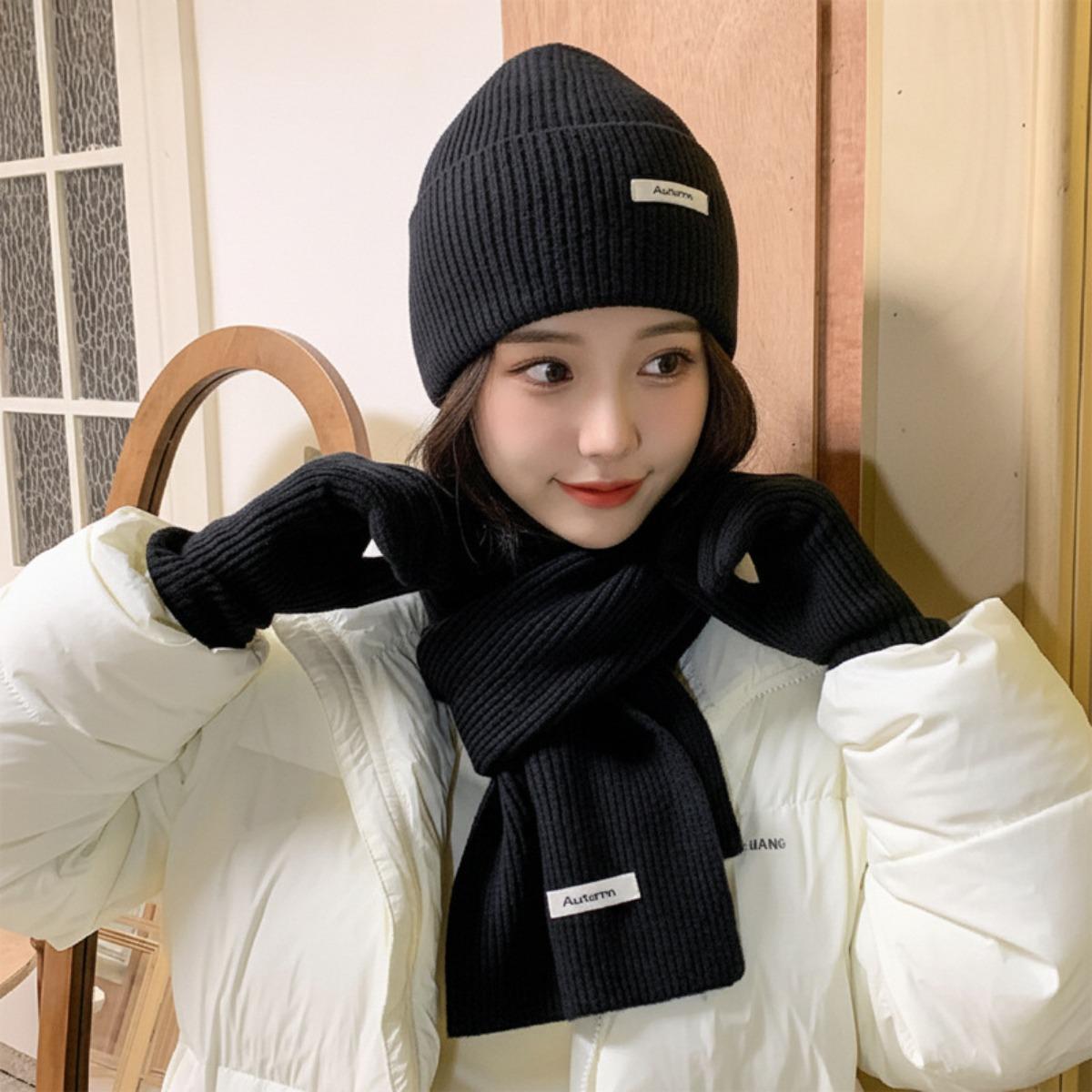 

Набор из трех предметов, Вязаная шапка, Шерстяная шапка, Вязаный шарф, Перчатки, Плюшевый, Теплый, Новогодний, Рождественский набор чёрный