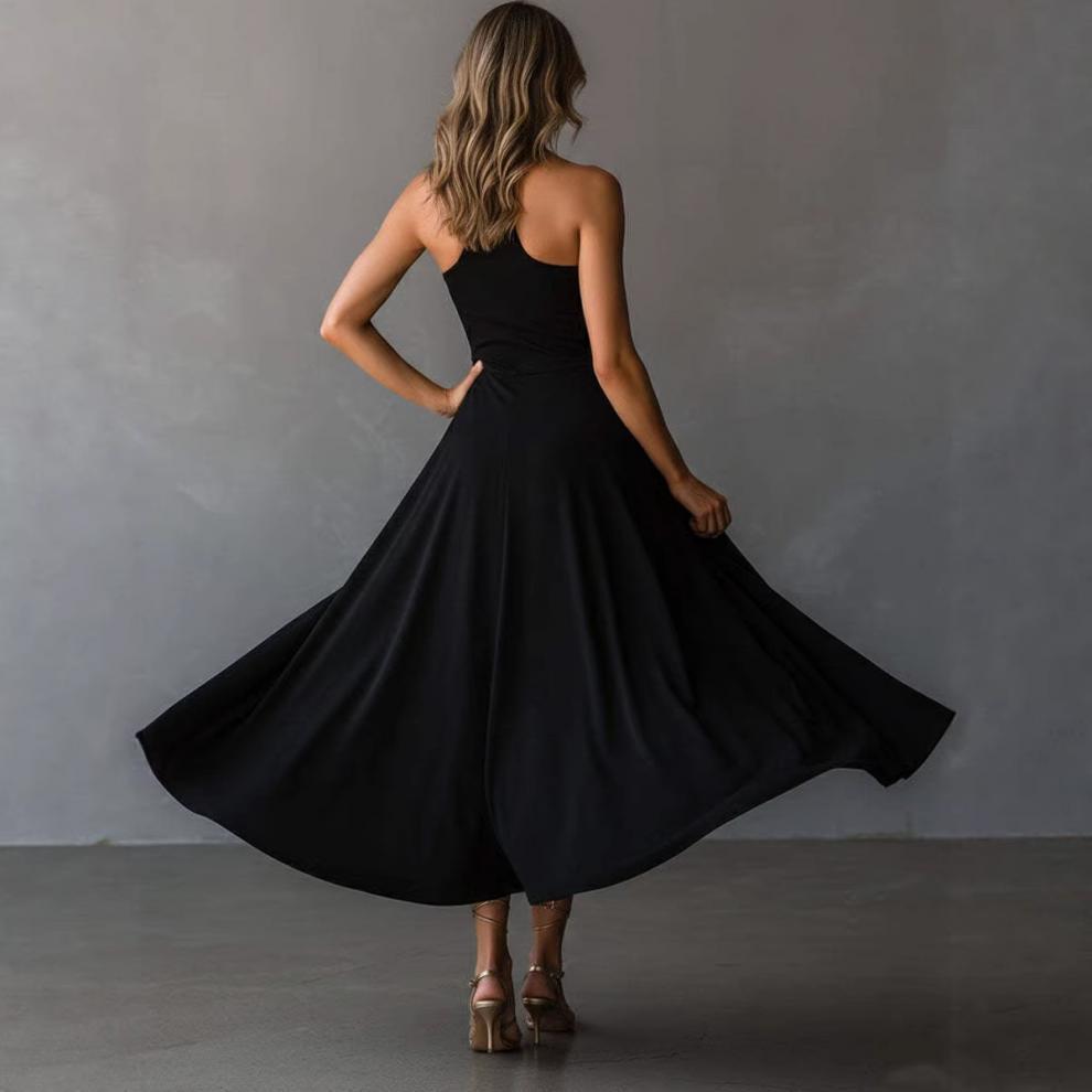 Retro Elegant Black Keyhole Backless Halter Neck A-line Long Dress for Women