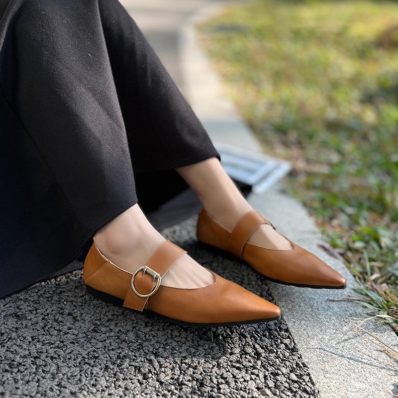Johnature Retro Mary Jane Pointed Toe Women's Shoes Versatile Genuine Leather Soft Soled Flat Shoes
