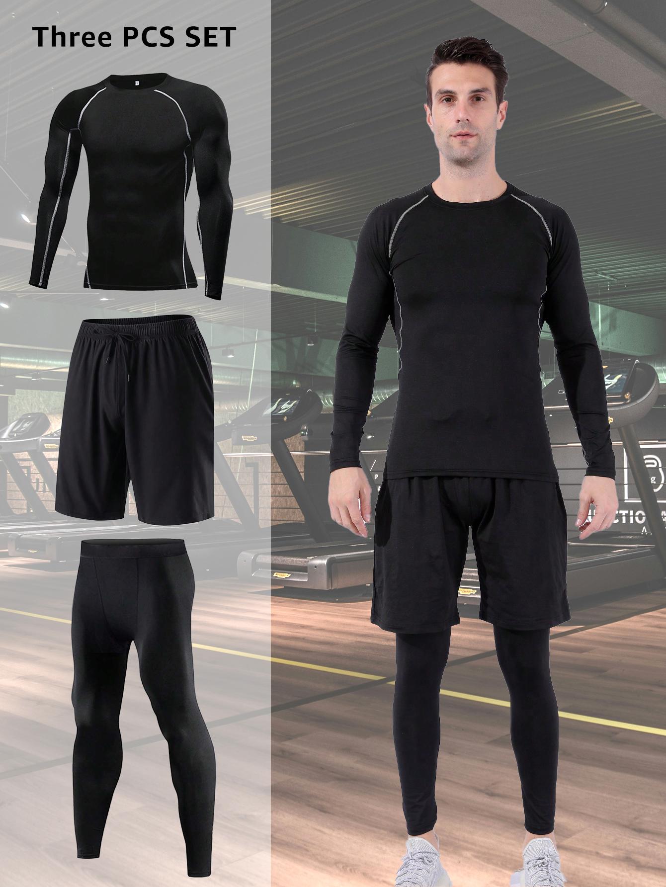 

3 шт./компл., мужской компрессионный костюм для спортзала и фитнеса, одежда с длинными рукавами, колготки для бега, спортивный костюм, спортивная одежда XXL чёрный