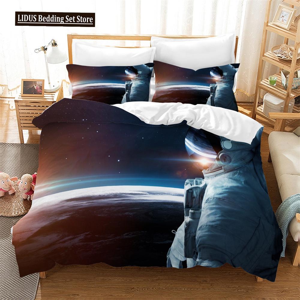 3D Astronaut Duvet Cover Set Galaxy Star Bedding Set Polyester Comforter Cover Girl Kid Bedroom Decor King Size With Pillowcase