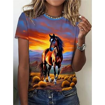 Damen Casual Rundhals-T-Shirt mit einzigartigem Pferde-Print Sommer Kurzarm Pferde-Grafik T-Shirt Kleidung für Herren Neu Übergröße