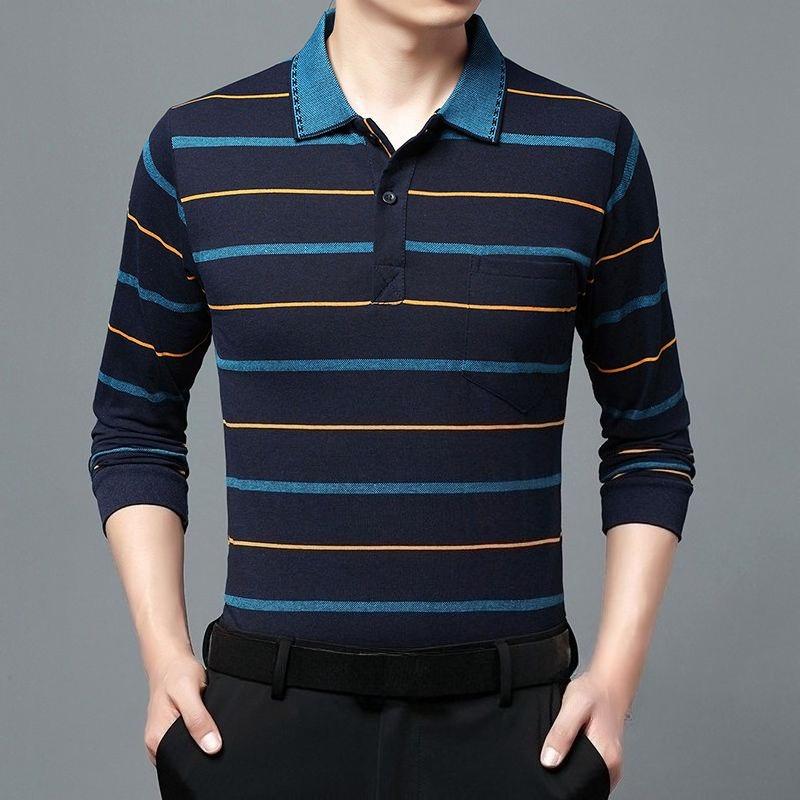 Camisas polo listradas masculinas da moda, novas camisas polo coreanas para negócios, primavera/outono, casuais, manga comprida, bolsos na lapela, roupas masculinas, tops de algodão, 2025
