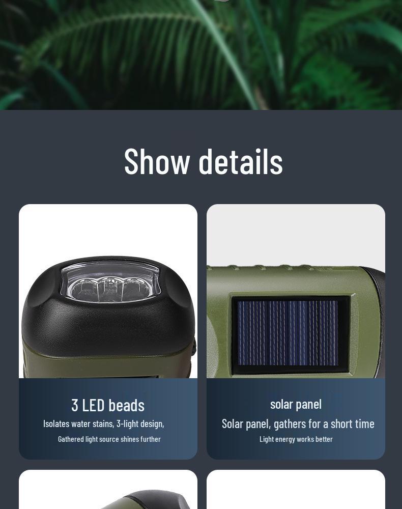 High-Brightness Emergency Flashlight with Long Battery Life and Solar Hand-Crank Charging