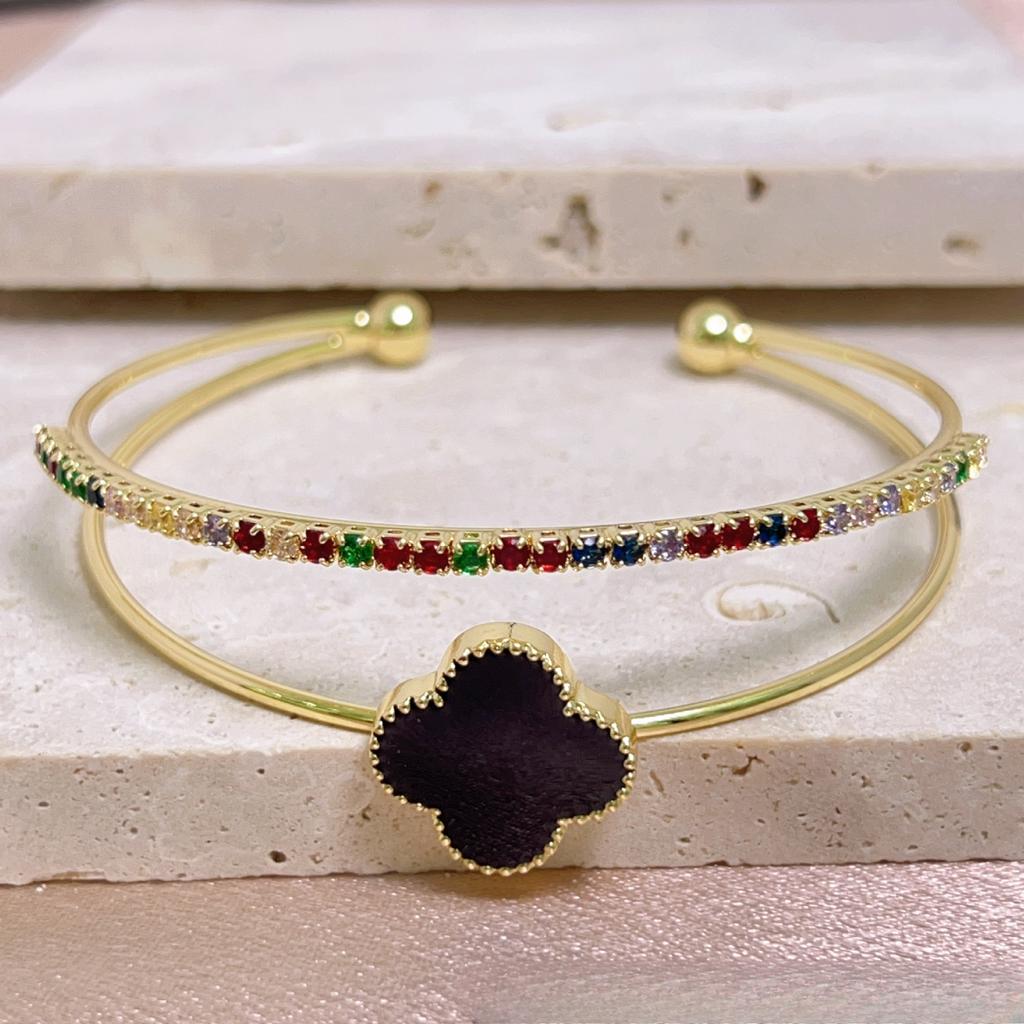 Brățară Premium Trifoi cu Patru Foi Zirconiu Strat Dublu Brățară cu Deschidere Ajustabilă Lux Non-Alergenic Brățară de Damă