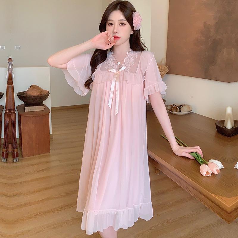 Linglei Summer Style Solid Color Lace Bow Mesh Court Princess Style Medium Long Nightdress Pajamas Loungewear