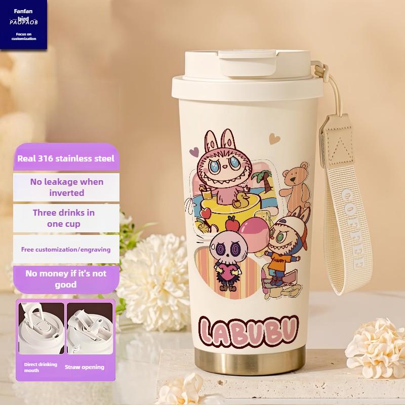 Tecknad Rostfri Stålkopp Högvärdig Termosmugg 3D Dubbel Drickstrå Kaffekopp