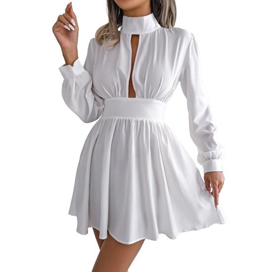 

2024 женское платье с высоким воротником и длинными рукавами, обтягивающее, с высокой талией, трапециевидной формы, со свободным подолом, однотонное вечернее мини-платье для поездок на работу S белый