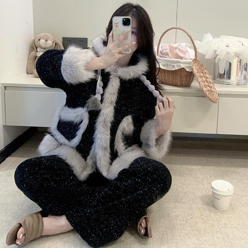 

Женский фланелевый пижамный комплект из 3 предметов с блестками: Комплект с длинным рукавом, длинными брюками и майкой, 2025 Высококачественная сексуальная домашняя одежда. XL