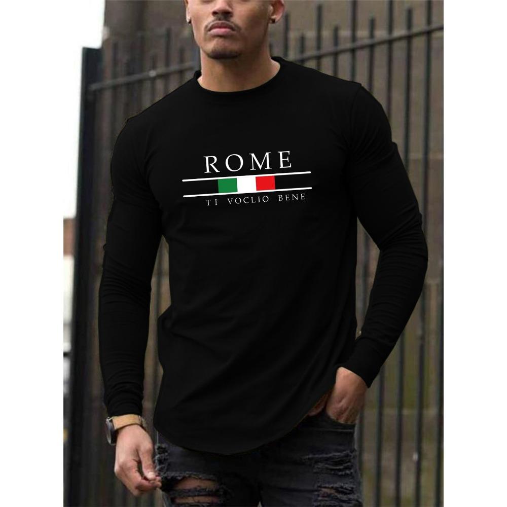 Men's Casual Sports ROME Letter Printed Round Neck Long Sleeved T-shirt Top