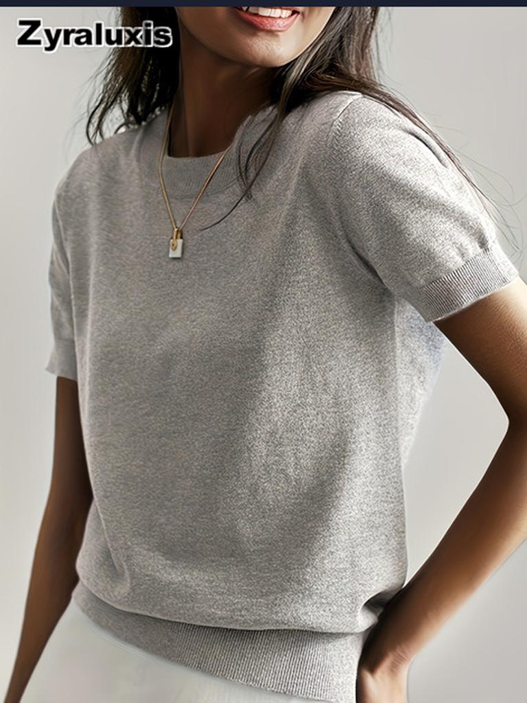 Women's Knitted Short Sleeve T-Shirt for Summer Casual Loose Pullover