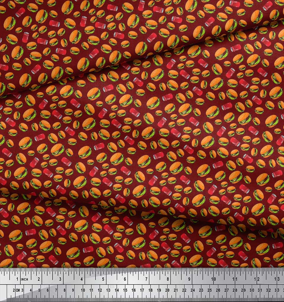 Soimoi Japan Crepe Satin Fabric Coke & Burger Food Printed Craft Fabric by the Metre 42 Inch