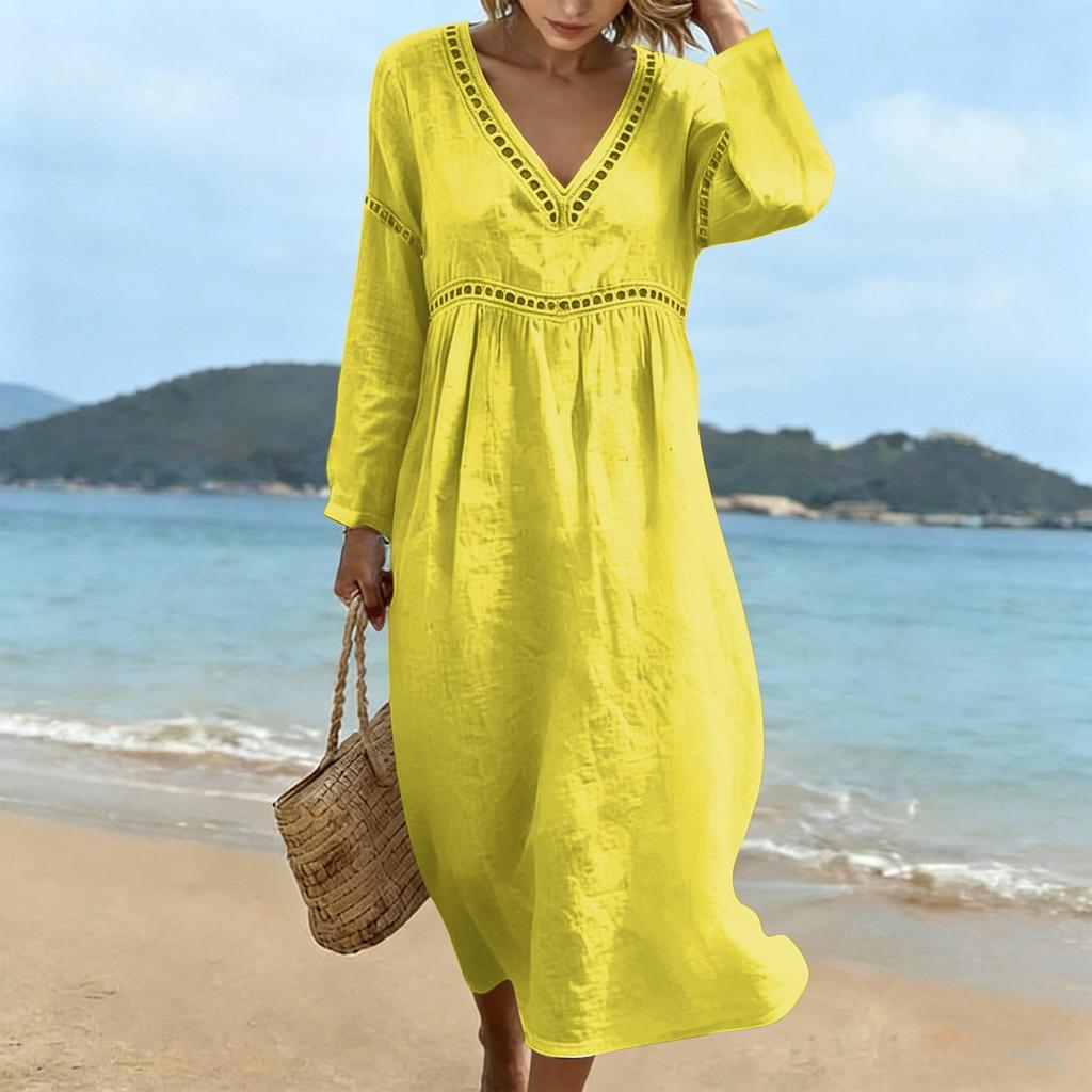 Fashionable Lady's V-neck Mid-length Casual Long-sleeved Dress