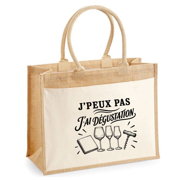 Sac Cabas Jute avec Poche J’peux pas j’ai Dégustation J'peux pas minimaliste | Toile de Jute et Coton 21 L Fond Plat Anses 65 cm