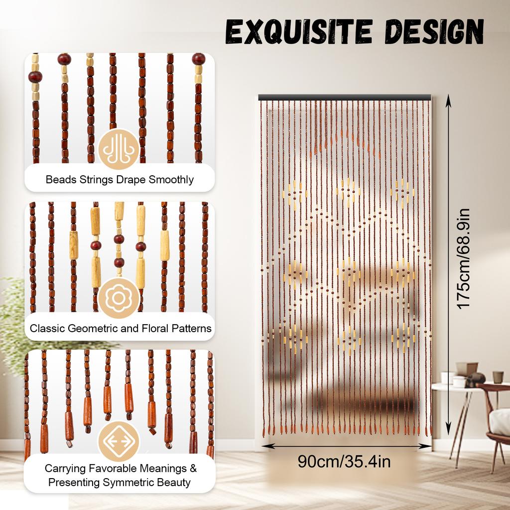Wood Beaded Curtain, 31 Lines Bamboo Beaded Curtain 35 x 69In Natural Hanging Door Room Divider for Porch