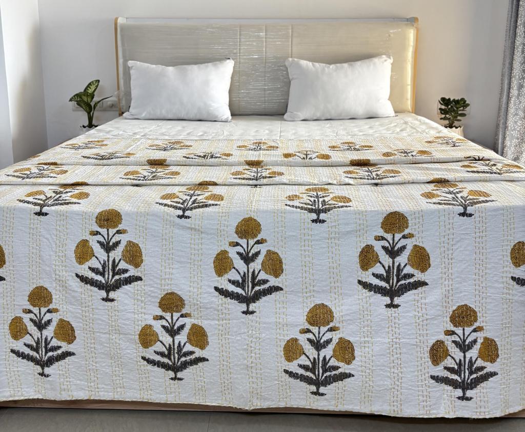 Hand Block Floral Printed Kantha Quilt, Cotton Kantha Bedspread, Vintage Bedding Bedsheets, Handmade kantha throw