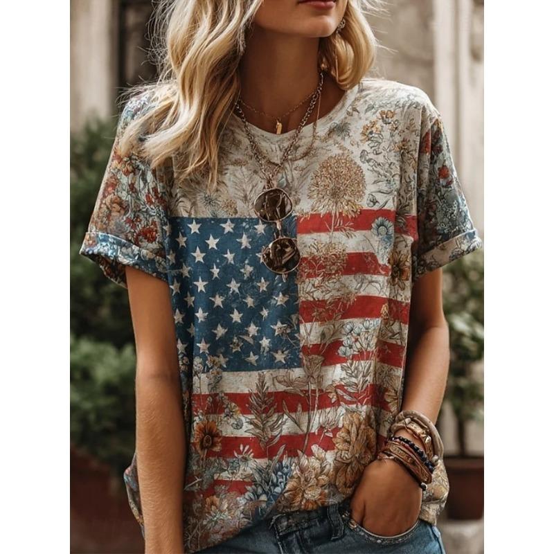 Women's T Shirt Print Graphic Letter American Flag Stylish Classic Casual Short Sleeve Crew Neck Regular Tops Summer