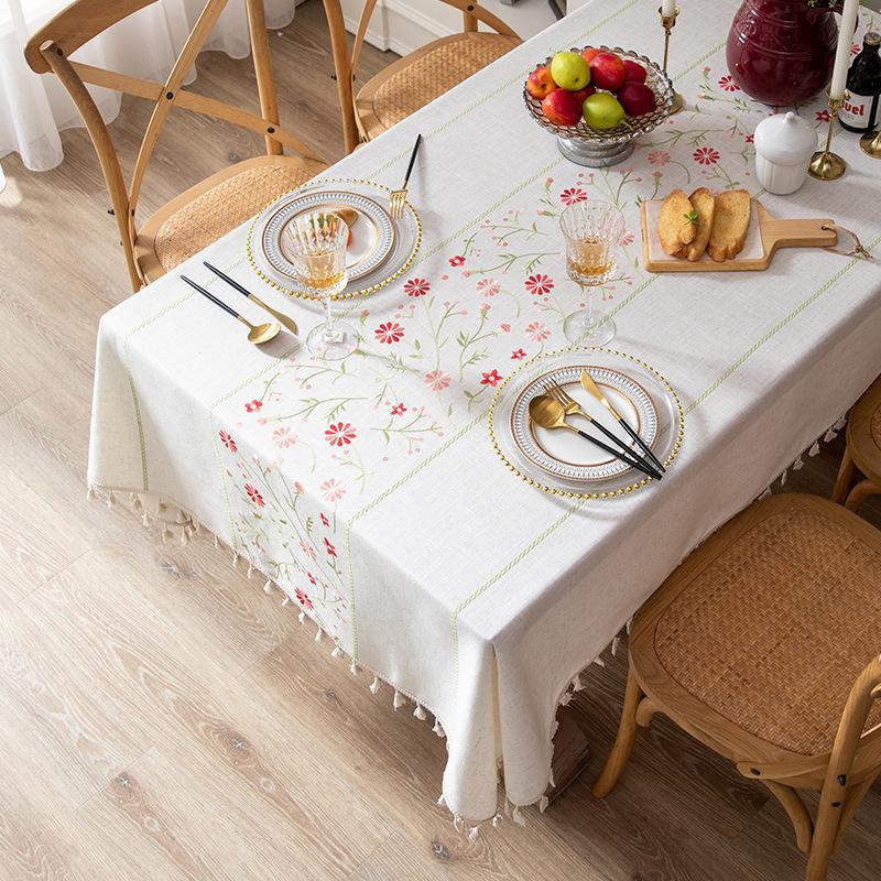Rustikale Tischdecke aus Baumwolle und Leinen, Schwergewichtige Sticktischdecke für Rechteck, Bauernhaus-Tischdecke mit Quasten, spritzwassergeschützt