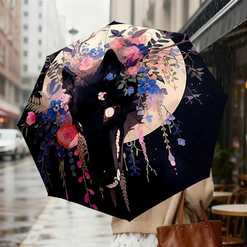 1pc Wolf Flowers Automatic Folding Umbrella 8 Rib Iron Frame, Compact Portable Umbrella Suitable for Travel, Daily Use, Birthday, Women & Men Gift 022