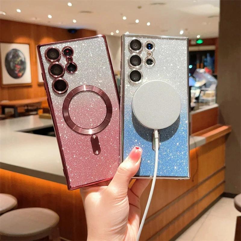 Glitter Luxury Magnetic Woman Case For Magsafe For Samsung Galaxy S26 S24 FE S23 S22 S25 Ultra Plus Wireless Charging Cover